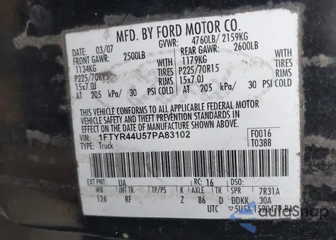 2007 Ford Ranger Sport/Stx/Xlt из США, поврежденный, VIN 1FTYR44U57PA83102